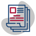 icono gris, azul y rojo de unos archivos, indicando descarga de documentos