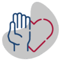icono azul, gris y rojo de una mano abierta y un corazón indicando ética