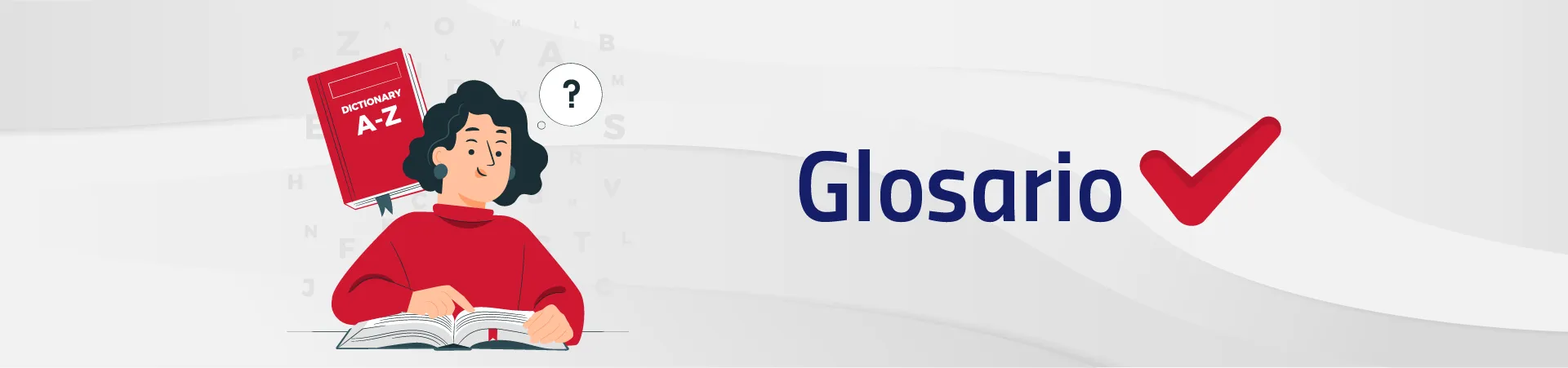 Edeso, banner glosario, dibujo de mujer leyendo en un diccionario.