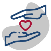 Edeso, Icono gris, azul y rojo que representa un par de manos y un corazón en el centro