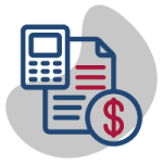 Edeso, Icono gris, azul y rojo que representa estados financieros, calculadora, signo dinero y un documento