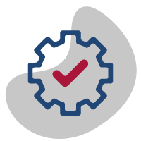 Edeso, Icono gris, azul y rojo que representa una rueda de engranaje con un icono de aceptado, excelencia edeso